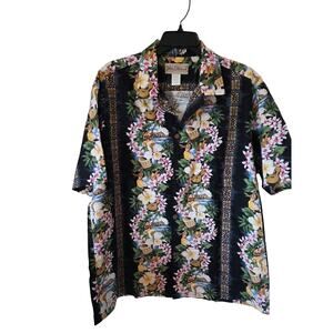 Vintage Blue Hawaii Mens Black Floral Tribal panel Hula Girl print Shirt Size XL